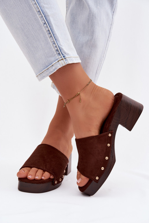 Women's Platform Slippers with Gold Buckles Chocolate Davessa