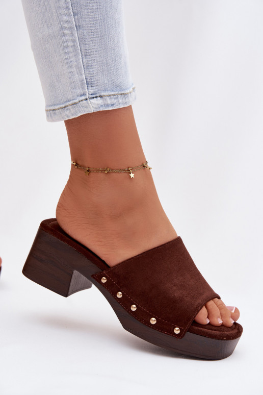 Women's Platform Slippers with Gold Buckles Chocolate Davessa
