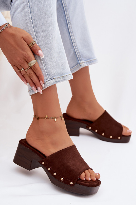 Women's Platform Slippers with Gold Buckles Chocolate Davessa