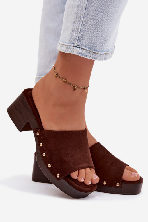 Women's Platform Slippers with Gold Buckles Chocolate Davessa