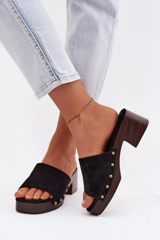 Women's Block Heel Sandals With Gold Buckles Black Davessa