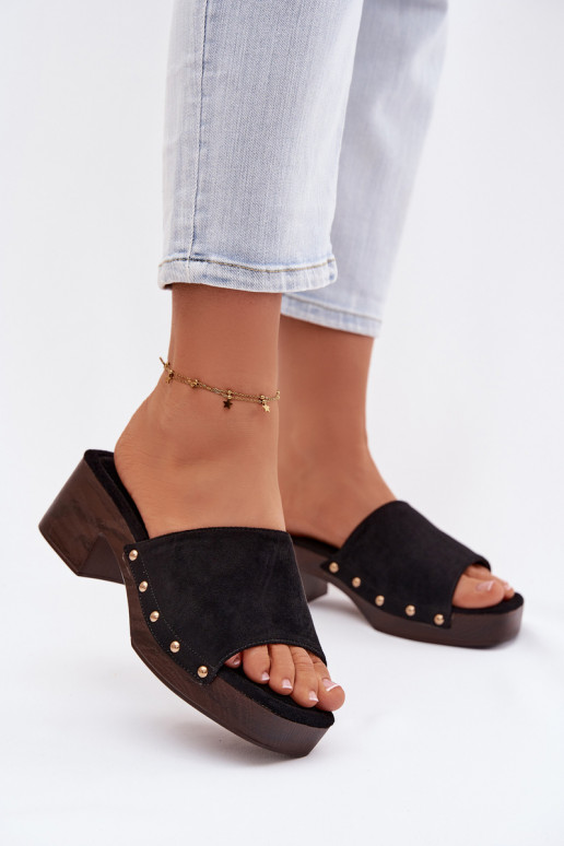Women's Block Heel Sandals With Gold Buckles Black Davessa