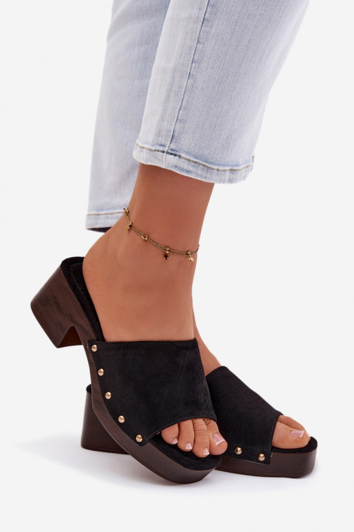 Women's Block Heel Sandals With Gold Buckles Black Davessa