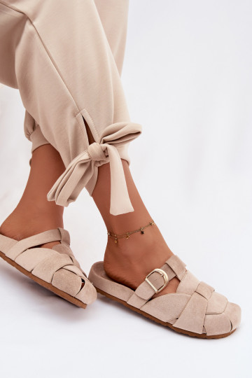 Women's Mules With Straps and Gold Buckle Beige Ganelle