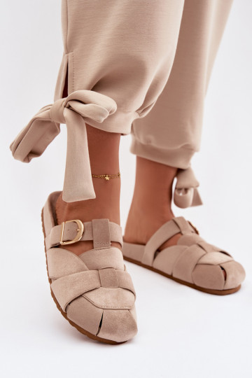Women's Mules With Straps and Gold Buckle Beige Ganelle 2