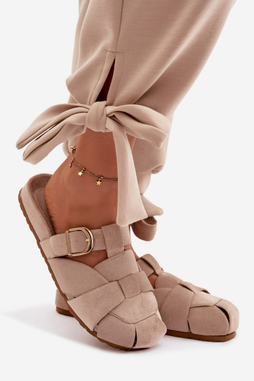 Women's Mules With Straps and Gold Buckle Beige Ganelle