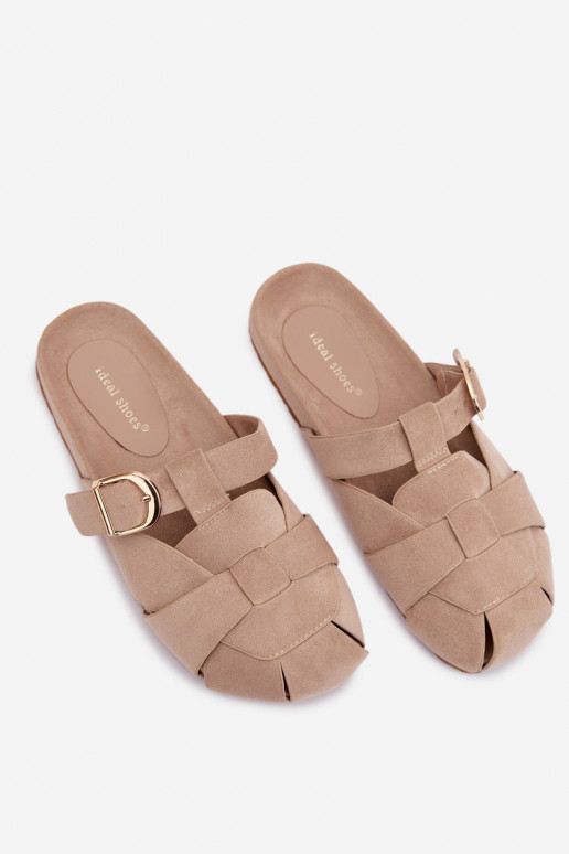 Women's Mules With Straps and Gold Buckle Beige Ganelle