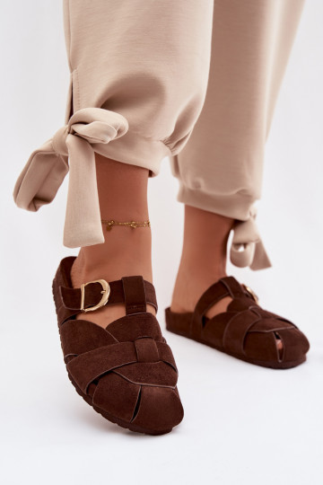 Women's Mules With Straps and Gold Buckle Chocolate Ganelle