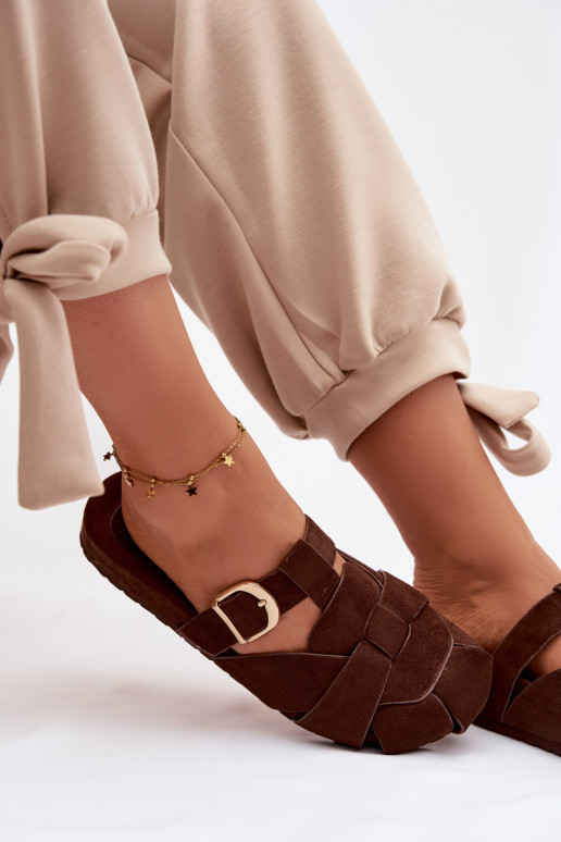 Women's Mules With Straps and Gold Buckle Chocolate Ganelle