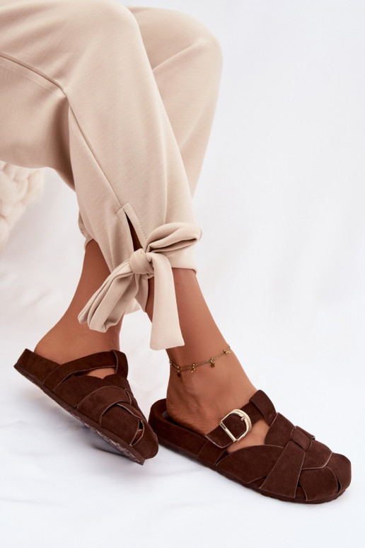 Women's Mules With Straps and Gold Buckle Chocolate Ganelle
