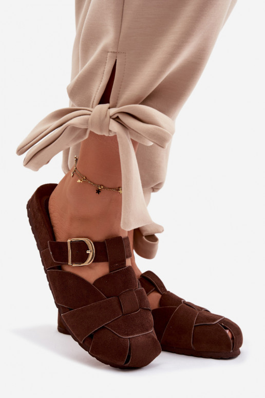 Klapki Damskie MulewithPaskami I Złotą Klamrą Czekoladowe Ganelle