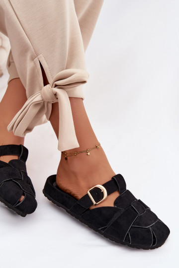 Women's Mules With Straps And Gold Buckle Black Ganelle
