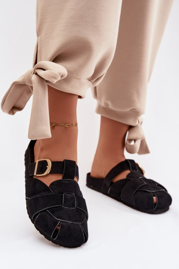 Women's Mules With Straps And Gold Buckle Black Ganelle 2