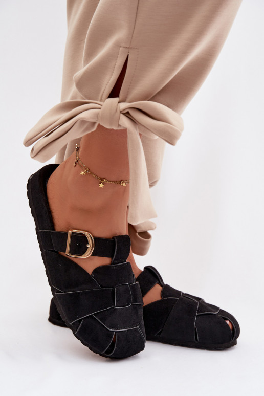 Women's Mules With Straps And Gold Buckle Black Ganelle