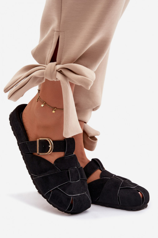 Women's Mules With Straps And Gold Buckle Black Ganelle