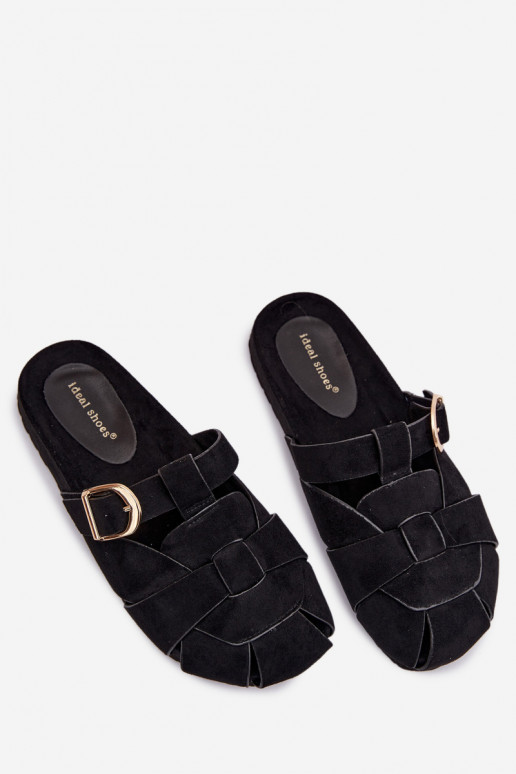 Women's Mules With Straps And Gold Buckle Black Ganelle