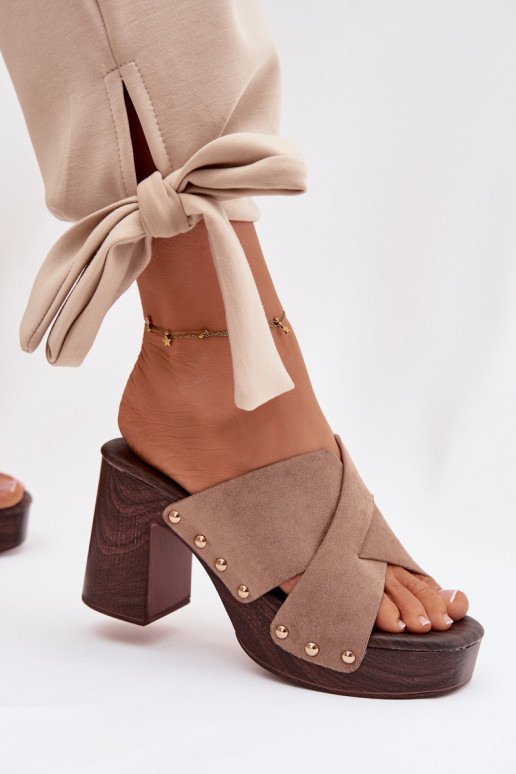 Women's Block Heel Sandals With Gold Buckles Dark Beige Nerelle