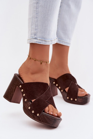 Women's Block Heel Sandals With Gold Buckles Chocolate Nerelle