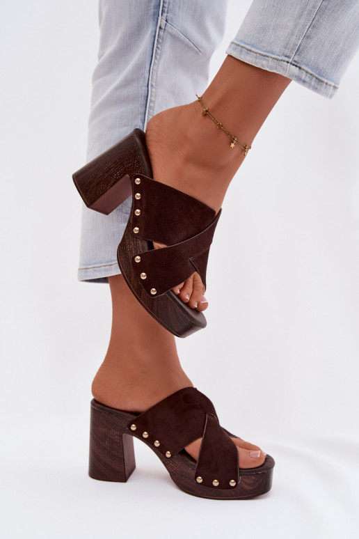 Women's Block Heel Sandals With Gold Buckles Chocolate Nerelle