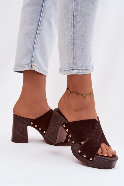 Women's Block Heel Sandals With Gold Buckles Chocolate Nerelle