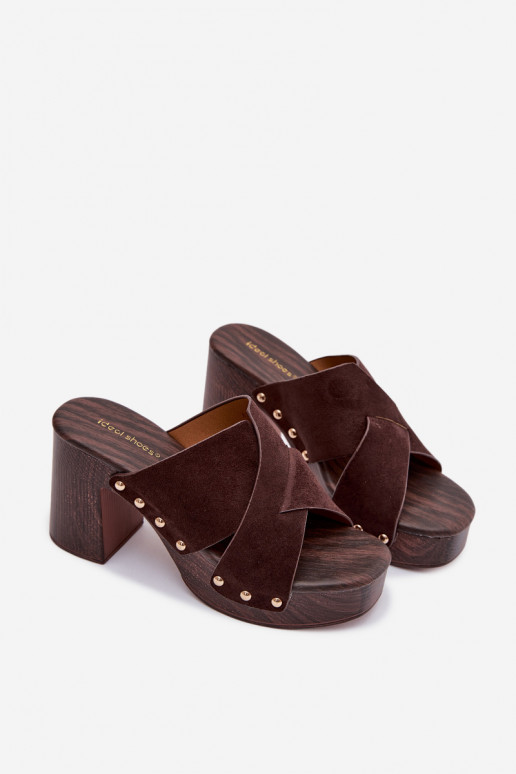 Women's Block Heel Sandals With Gold Buckles Chocolate Nerelle