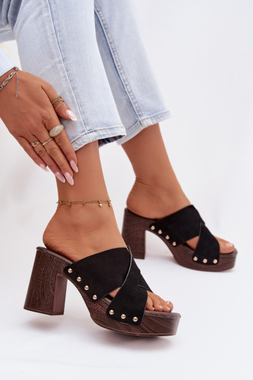 Women's Block Heel Sandals With Gold Buckles Black Nerelle