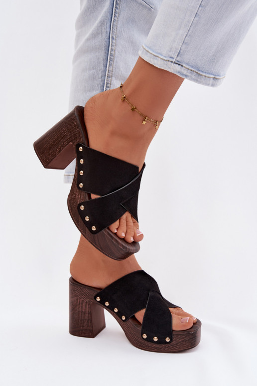 Women's Block Heel Sandals With Gold Buckles Black Nerelle