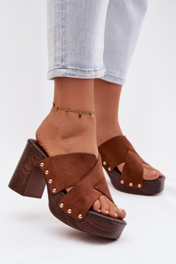 Women's Block Heel Sandals With Gold Buckles Camel Nerelle