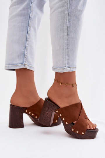 Women's Block Heel Sandals With Gold Buckles Camel Nerelle 2