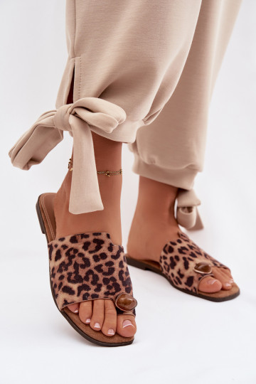 Women's Flat Eco Suede Leopard Print Decorated Detail Slides Selavine