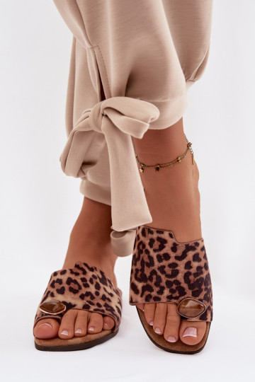 Women's Flat Eco Suede Leopard Print Decorated Detail Slides Selavine 2