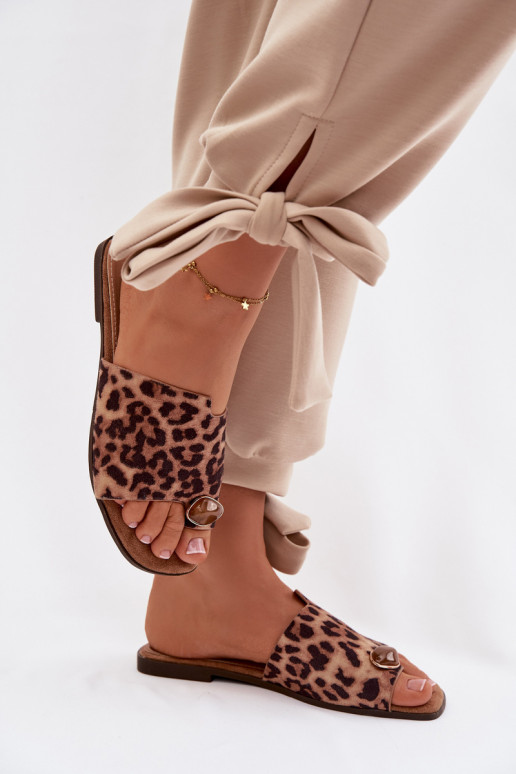 Women's Flat Eco Suede Leopard Print Decorated Detail Slides Selavine