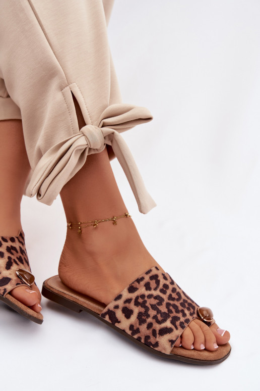 Women's Flat Eco Suede Leopard Print Decorated Detail Slides Selavine