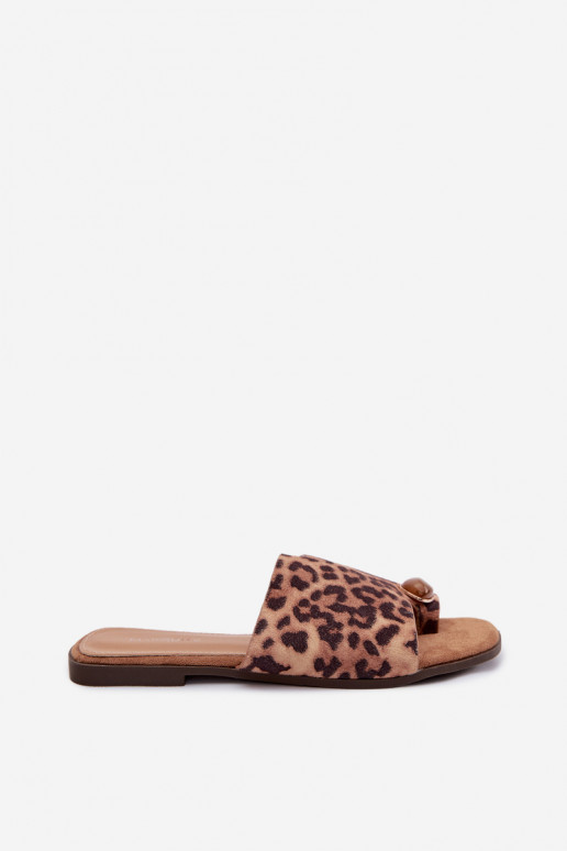 Women's Flat Eco Suede Leopard Print Decorated Detail Slides Selavine