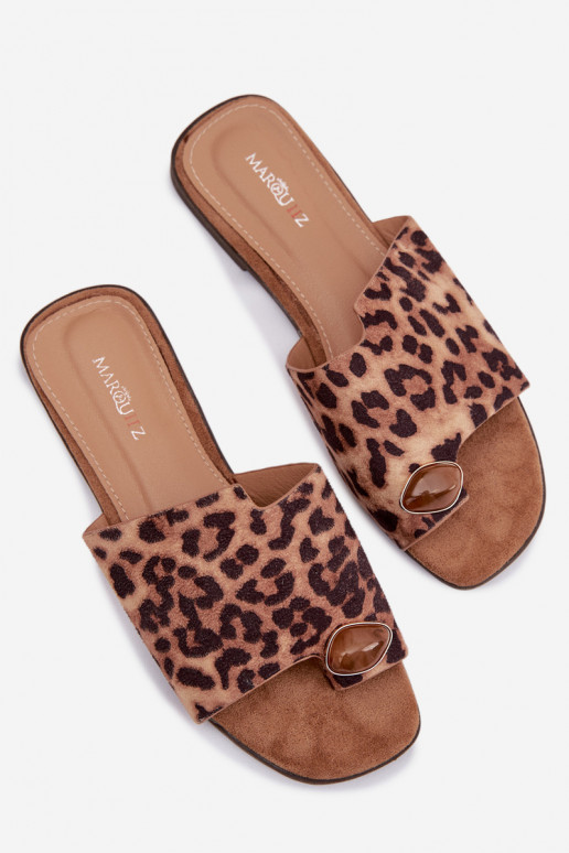 Women's Flat Eco Suede Leopard Print Decorated Detail Slides Selavine