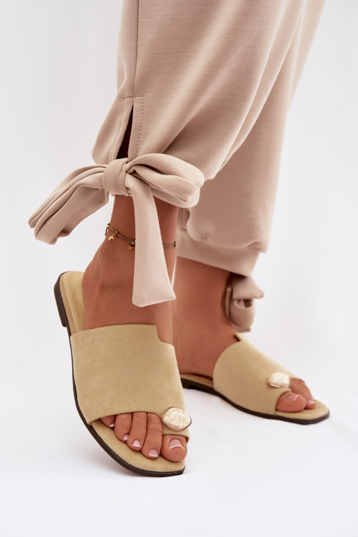 Women's Flat Decorated Eco Suede Yellow Slides Selavine