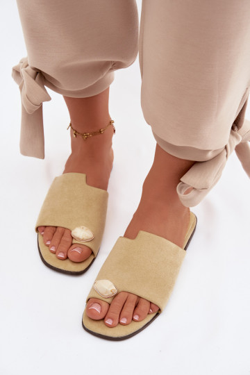 Women's Flat Decorated Eco Suede Yellow Slides Selavine 2