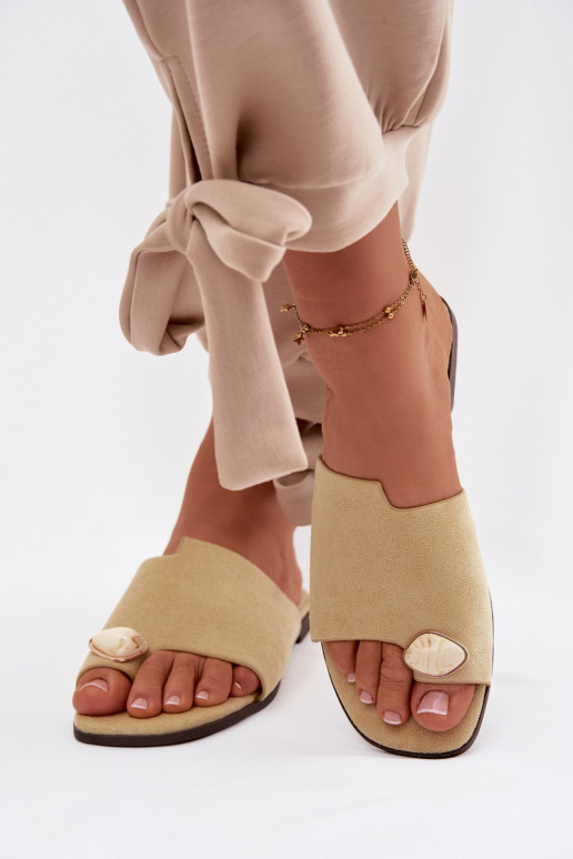 Klapki Damskie PłaskiewithOzdobnym Detalem Eko Zamszowe Żółte Selavine