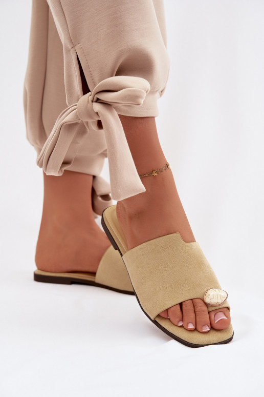 Women's Flat Decorated Eco Suede Yellow Slides Selavine