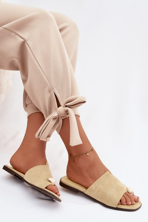 Women's Flat Decorated Eco Suede Yellow Slides Selavine