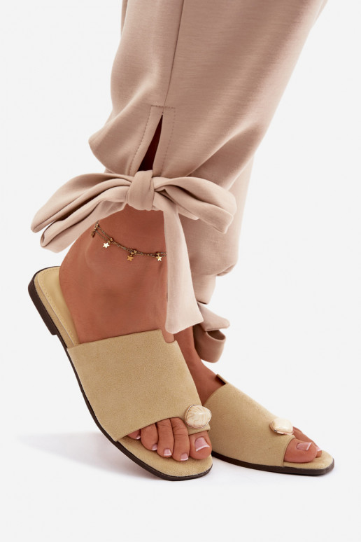 Women's Flat Decorated Eco Suede Yellow Slides Selavine