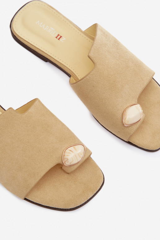 Women's Flat Decorated Eco Suede Yellow Slides Selavine