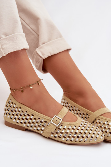 Women's Lace Ballerinas With Crystals And Straps Yellow Wilvessa