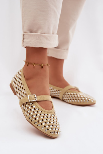 Women's Lace Ballerinas With Crystals And Straps Yellow Wilvessa 2