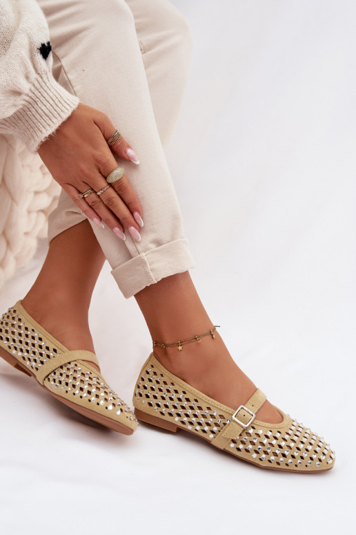 Women's Lace Ballerinas With Crystals And Straps Yellow Wilvessa