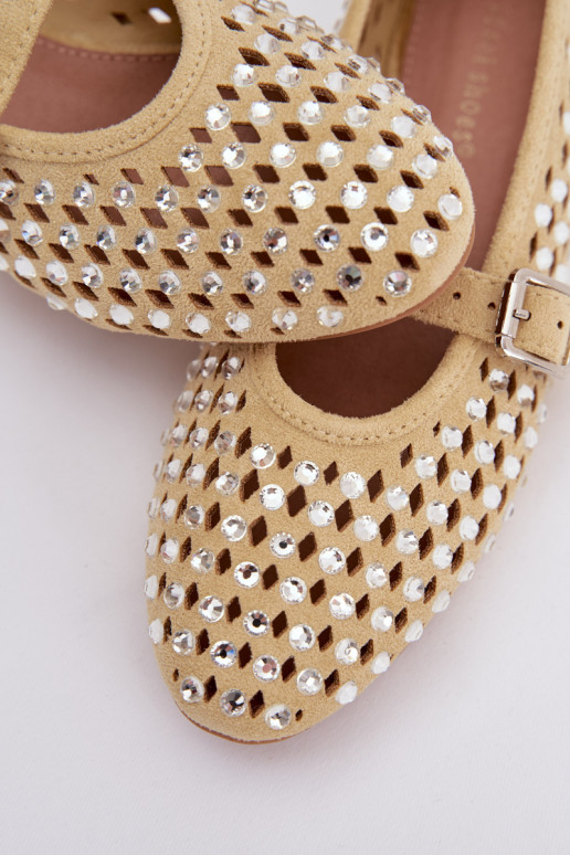 Baleriny Damskie AżurowewithCyrkoniami I Paskiem Żółte Wilvessa