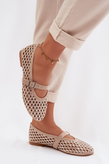 Women's Lace Ballerinas With Rhinestones And Strap Bežowe Wilvessa