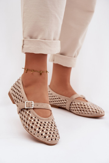 Women's Lace Ballerinas With Rhinestones And Strap Bežowe Wilvessa 2
