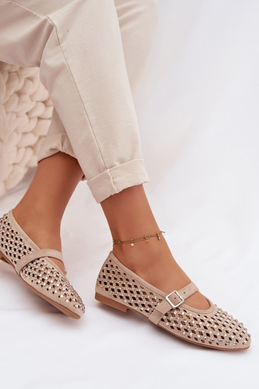 Women's Lace Ballerinas With Rhinestones And Strap Bežowe Wilvessa