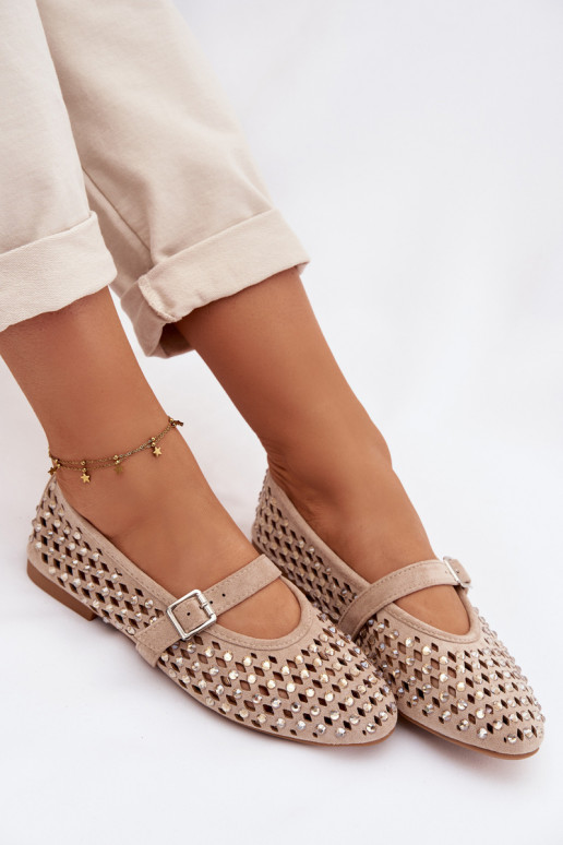 Women's Lace Ballerinas With Rhinestones And Strap Bežowe Wilvessa